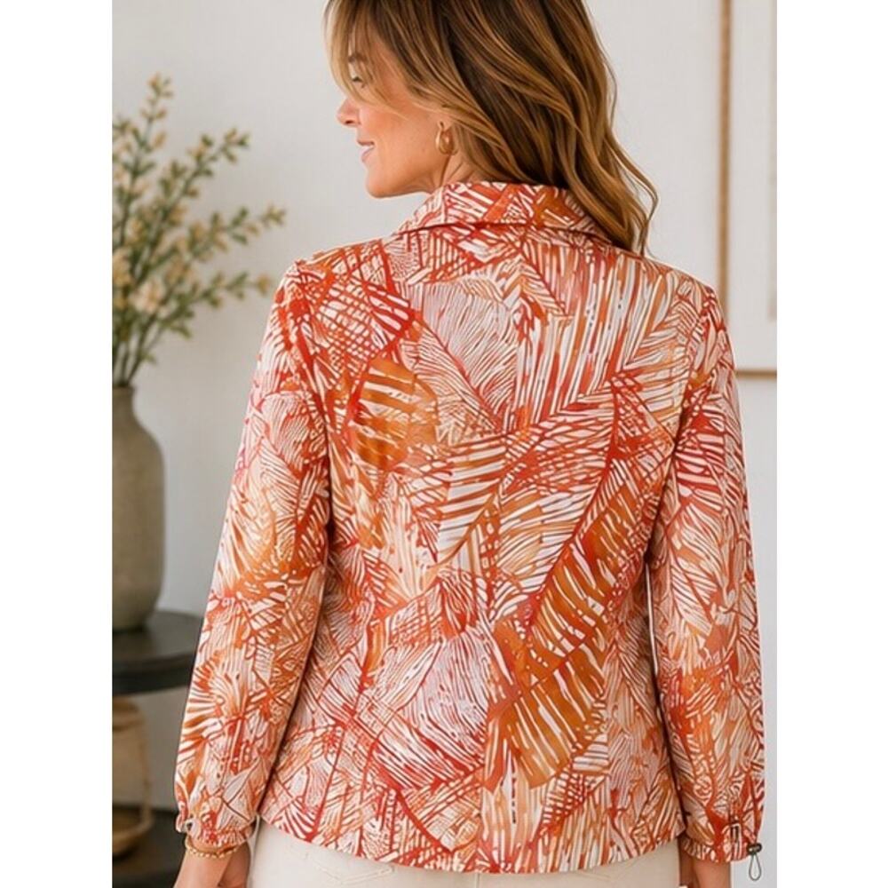 Chico’s Leaf Print Zip Front Jacket Size 2 Large Cotton Stretch Orange Tan - Picture 3 of 11